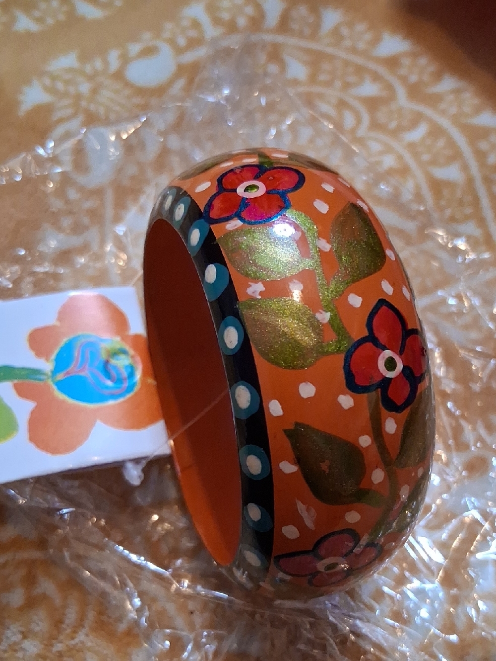 Hand-Painted Orange Floral Bangle Bracelet for Women